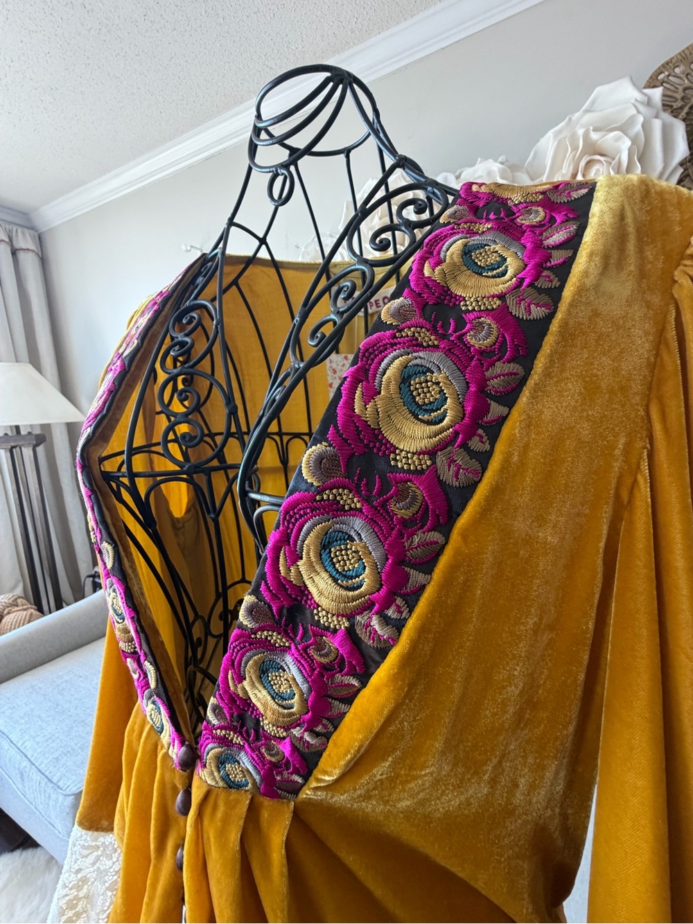 Free People Mustard Velvet Tunic with Cranberry & Green Embroidered V-Neck - Picture 5 of 7